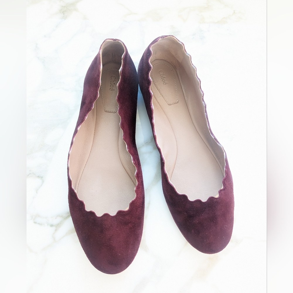 Chloe Suede Burgundy Purple Scalloped Ballerina Flats